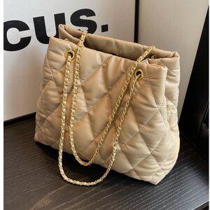 Luxe Tan Vegan Leather Quilted Gold Tone chain Large Shoulder Bag